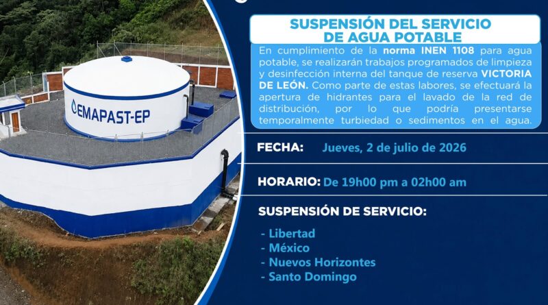 Pastaza: Puyo sin agua este día miércoles 1 de julio y se anuncia nueva suspensión